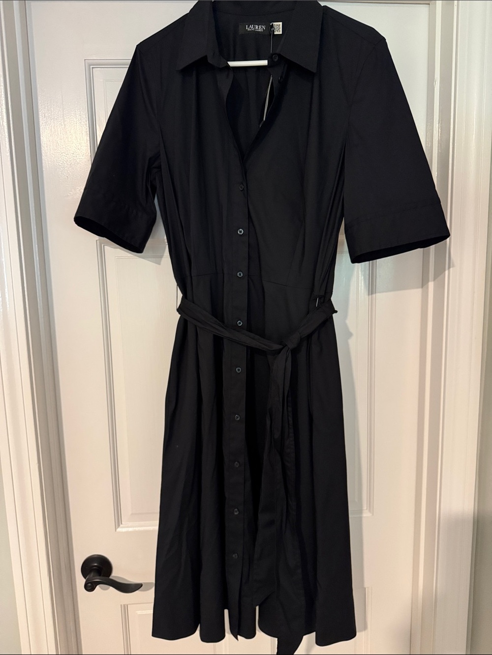 Lauren Ralph Lauren Black Button-Front Midi Shirt Dress with Tie